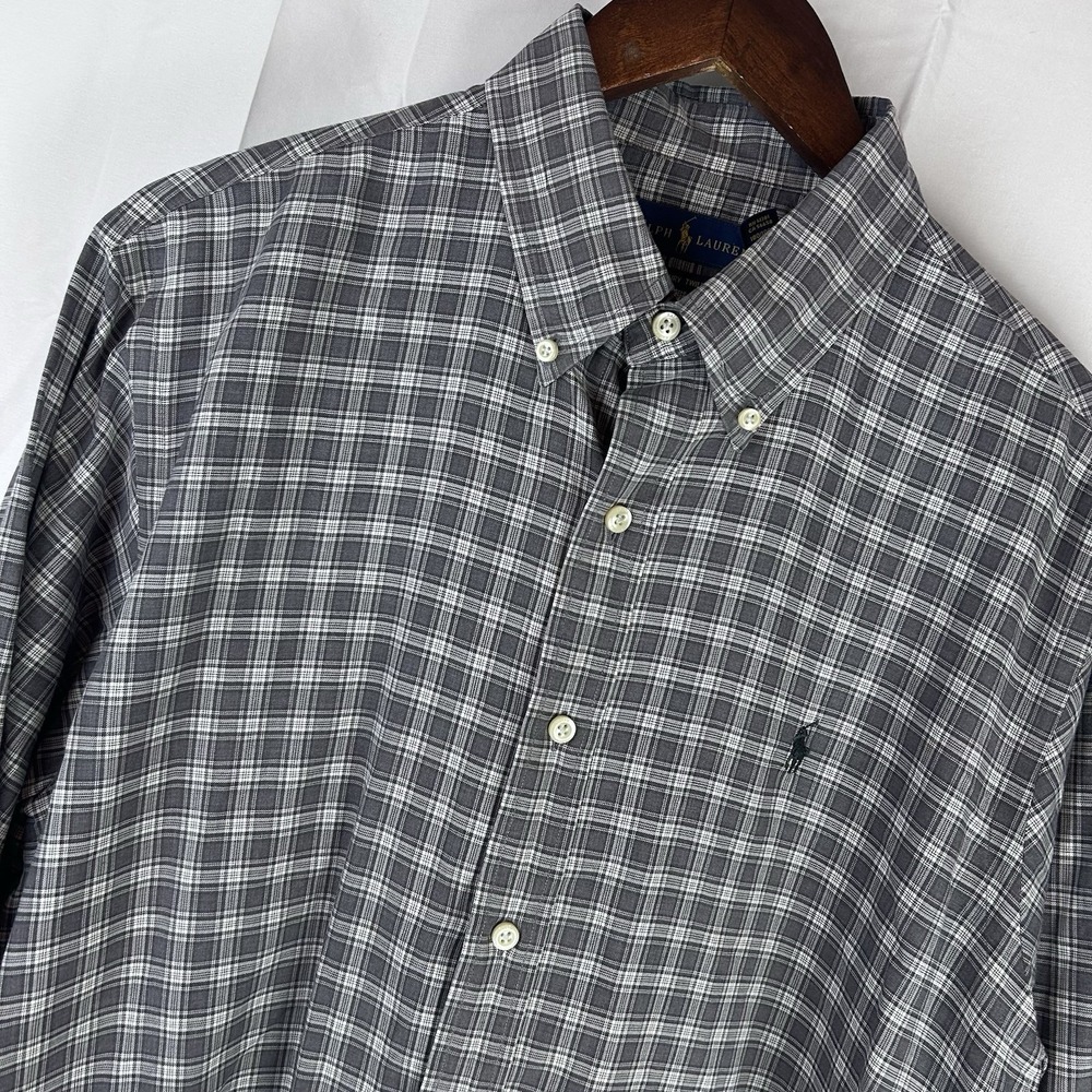 Ralph Lauren Luxury Twill Long Sleeve Men's Large Shirt Gray Plaid 100% Cotton‎